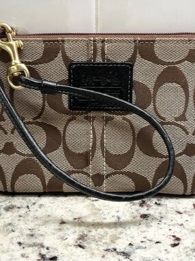 Coach Brown Signature Canvas Wristlet with Black Leather Strap